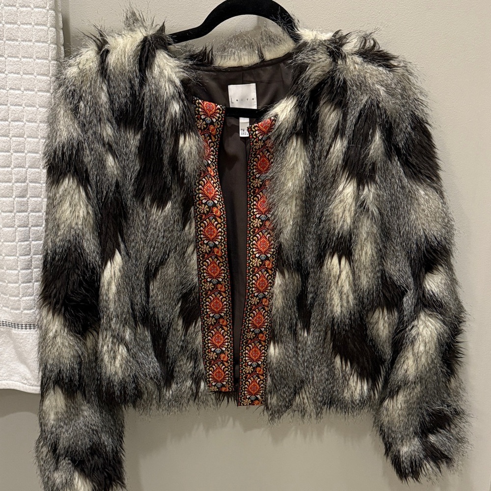 Leith Faux Fur Jacket with Embroidered Trim